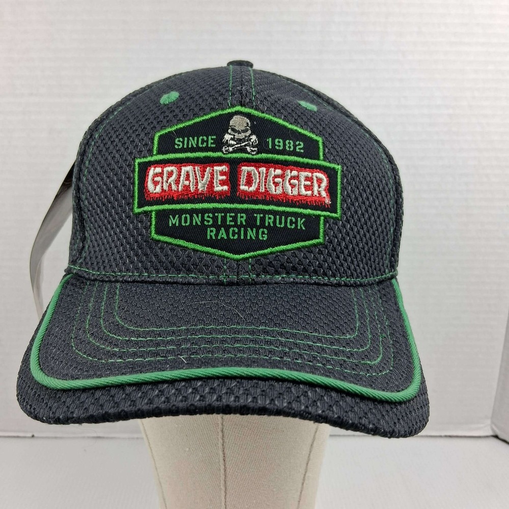 Monster Jam Grave Digger Monster Truck Racing Hat Grey Green Jersey Piped M NEW